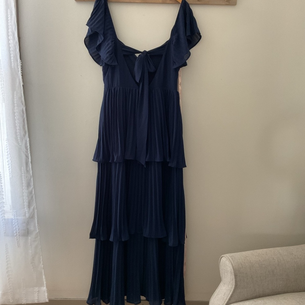 Lulus Notorious Charm Navy Blue Pleated Tiered Flutter Sleeve Maxi Dress NWT XL - Picture 8 of 16